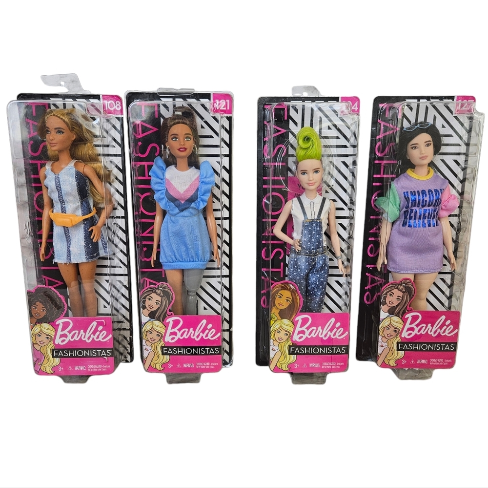 New Set of Four Mattel Fashionistas Barbies #108, 121, 124, 127